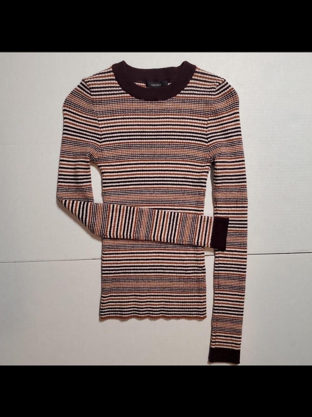 Forever 21 Striped Ribbed Long-Sleeve Top in Brown, Cream, and Black